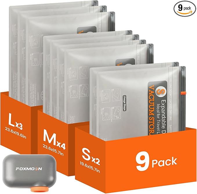Travel Vacuum Bags for Clothing with Rechargeable Electric Pump, 9 Pack Compression Packing Storage Bags for Luggage and Suitcase, Space Saver Seal Bags for Cruise and Vacation