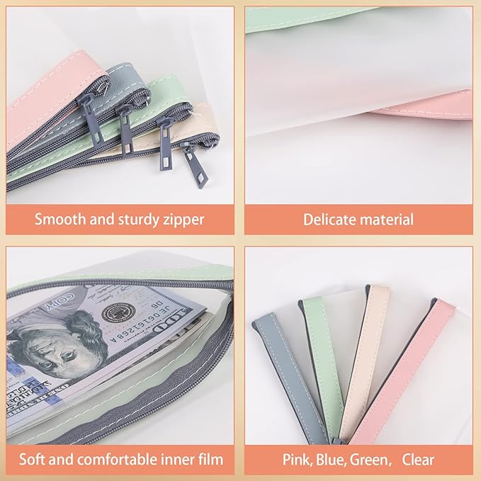 VOCHIC 4-Piece Multi-Purpose Money Bag - Money Bags with Zipper, Money Pouch Set 7.6 X 3.7 Inch, Clear Zipper Cash Envelopes, Bank Deposit Bags for Coins, Invoice, Makeup Bills Receipts Tool Storage