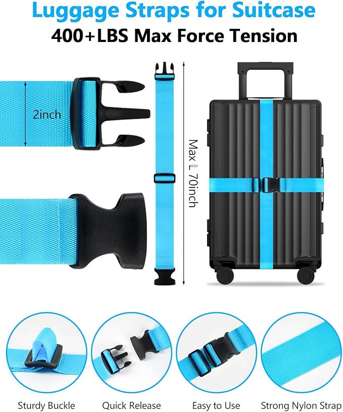 BILIONE 2 Pack Luggage Straps for Suitcases Adjustable Bright Nylon Belt to Identify, with Add A Bag Strap, Travel Essentials for Air Flying