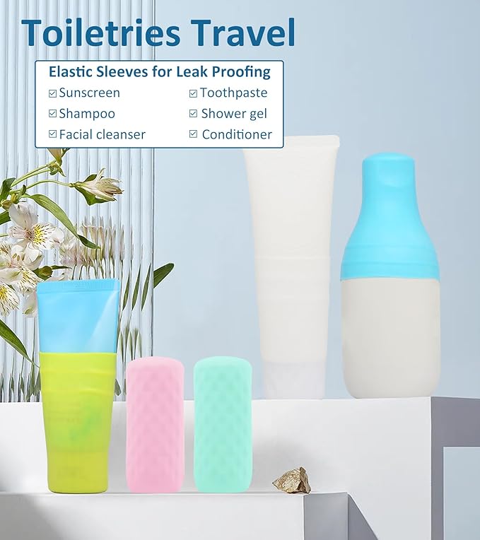 10 Pack Travel Essentials Accessories Silicone Bottle Covers, Cruise Essentials, Beach Vacation Essentials for Women Men, Elastic Sleeves for Leak Proofing, Fit Travel Size Bottles Toiletries