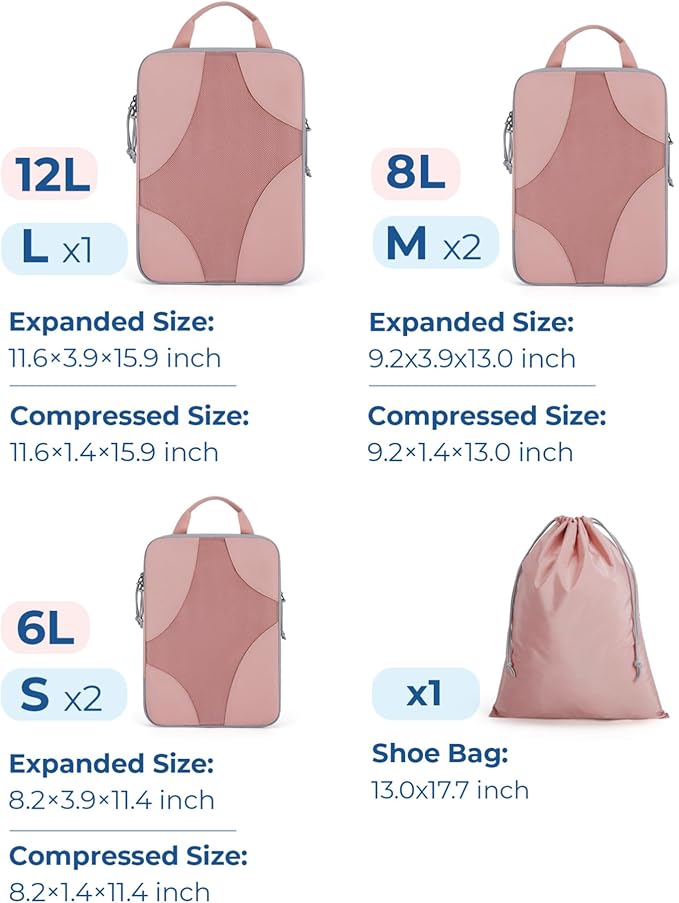 BAGSMART Compression Packing Cubes for Travel, Compressible Luggage Organizer for Cruise Ship, Lightweight Travel Essentials 6-Pack 1L+2M+2S+1Shoe Bag