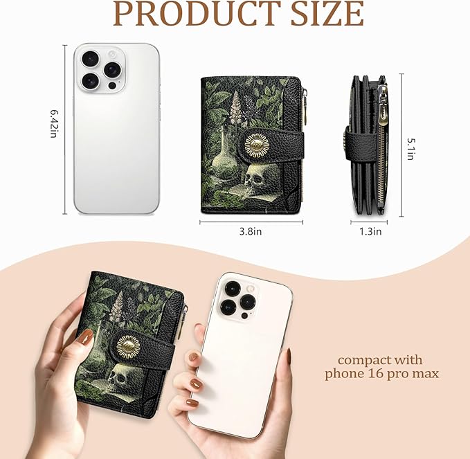 Icycay Goth Gothic Skull Small Wallet Women RFID Blocking Bifold, Credit Card Holder, Zipper Coin Pocket, Funny Witchy, Compact, Travel, PU Leather, 4 ID Window 14 Card Slots, Cash Purse, Ladies Woman