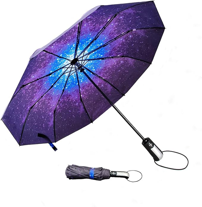 TradMall Travel Umbrella Windproof with 46 Inches Large Canopy 10 Reinforced Fiberglass Ribs Ergonomic Handle Auto Open & Close, Starry Sky