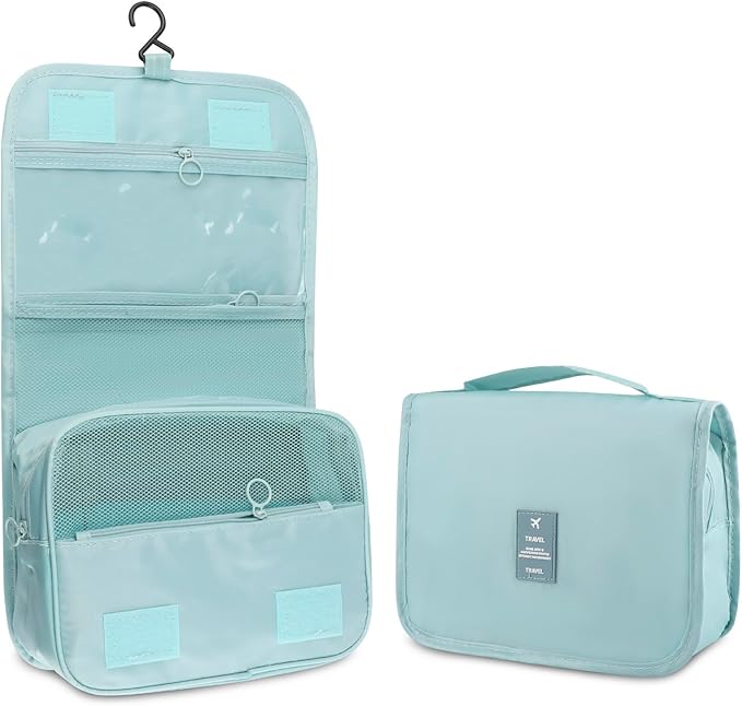 Foldable Hanging Travel Toiletry Bag,Waterproof Portable Travel Bags, Multifunction Travel Makeup Cosmetic Bag Organizer with Hanging Hook (Light Blue)