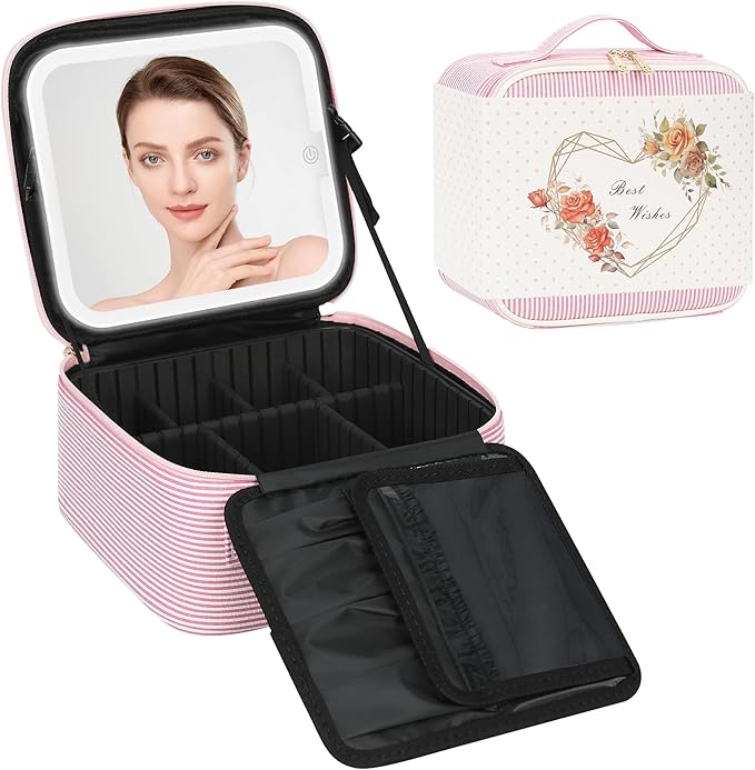 Relavel Travel Makeup Bag With LED Mirror, Portable Cosmetic Bag Organizer with Adjustable Brightness in 3 Color Scenarios, Small Cute Train Case with Detachable Dividers for Trip- Pink Strip
