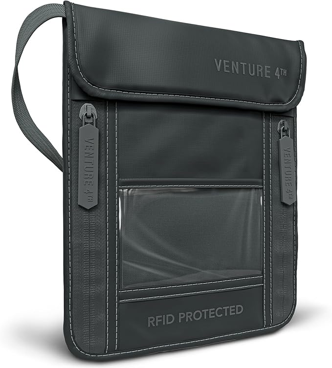 VENTURE 4TH Neck Wallet for Women & Men – RFID Blocking Passport Holder for Travel, Hidden Neck Pouch with 6 Compartments, Slim Lightweight Travel Organizer with Adjustable Strap (Sleek Gray)