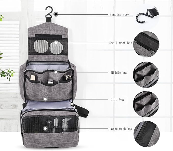 Travel toilet bag is used to store toiletries, Suitable for short-term travel use hanging toilet bag (Gray)