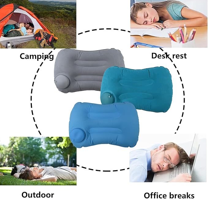 3 Pack Inflatable Camping Pillow - Ultralight Travel Air Pillows for Neck Lumbar Support, Press-to-Inflate Design, Blow Up Pillow for Camping, Hiking, Backpacking (Grey, Malachite Green, Light Blue)