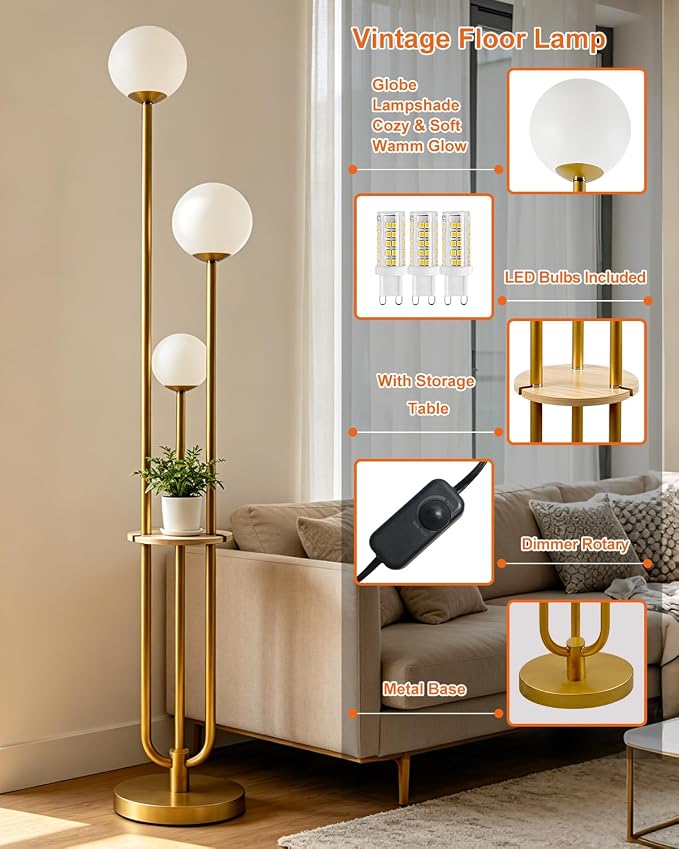 Lightdot Gold Globe Floor Lamp 3-Lights Dimmable Floor Lamps with Tray& Bulbs Included Unique Floor Lamp Modern Standing Lamps with 5Lbs Heavy Base for Living Room/Bedroom//Sofa Beside/Corner Decor