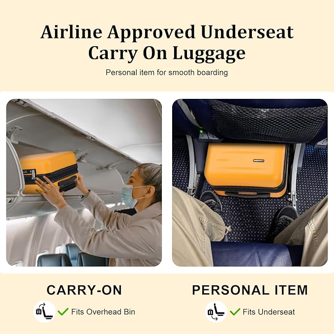 16 Inch Underseat Carry On Luggage Airline Approved, Expandable Lightweight ABS+PC Hard Shell Suitcases with 360° Spinner Wheels, TSA Lock, YKK Zipper, for Business Weekender (Orange, 1 PC)
