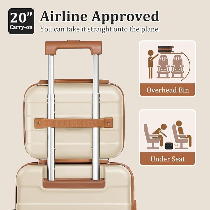 imiomo Carry on Luggage Airline Approved with Front Pocket and USB Port, Hard Shell 20 Inch Travel Carry-on Suitcase with Spinner Wheels and TSA Lock, White Brown