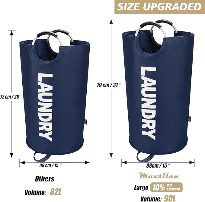 90L Large Laundry Basket, Freestanding Tall Clothes Hamper, Collapsible Laundry Bag, Dark Blue