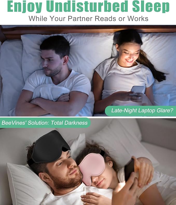 BeeVines 2 Pack 3D Contoured Sleep Mask Sleeping Eye Masks for Lash Extensions, Night Molded Mask with Adjustable Strap, 100% Block Light Eye Shade Cover for Traveling Yoga Nap