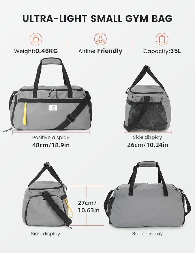 SKYSPER Gym Bag for Men & Women with Shoe Compartment, Carry-on Gym Duffle Bag for Travel and Sports, Workout Overnight Bag with Large Wet Pocket, Gray