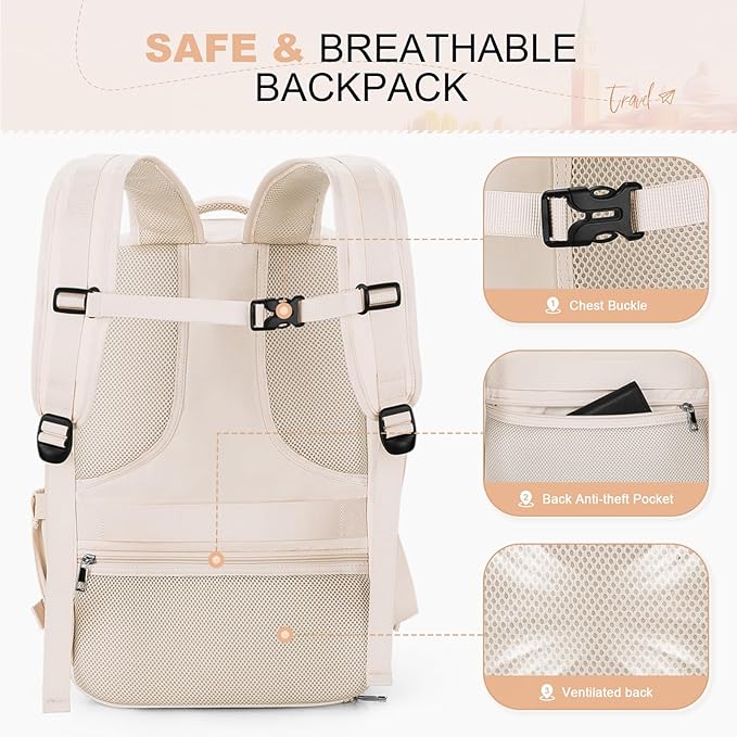 Maelstrom Travel Backpack for Women Men,35L Laptop Backpack Fits 17-Inch Laptop,Carry On Backpack for Airplanes with Crossbody Bag&Shoe Compartment&Toiletry Bag (Beige With Toiletry Bag, Large)