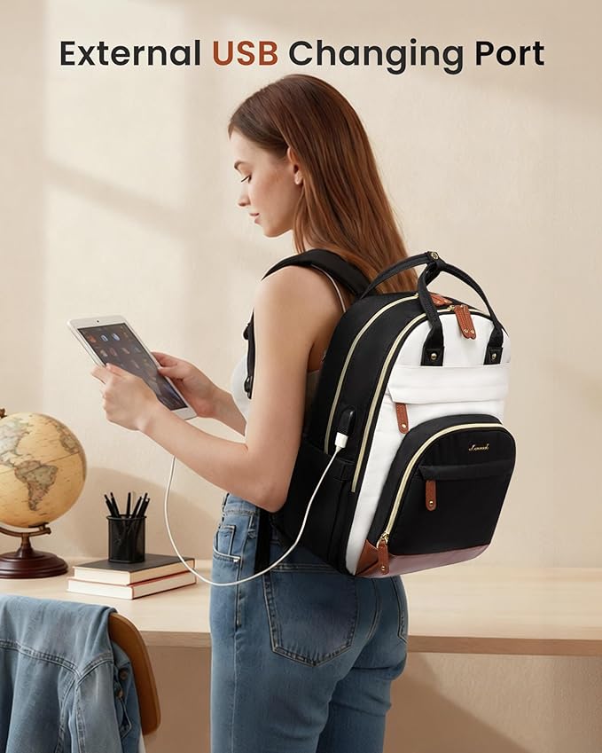 LOVEVOOK Backpack for Women,Laptop Backpack Women,Fit 15.6 Inch Laptop Bag,School Backpack,Fashion Travel Work Anti-theft Bag,Waterproof Business Computer College Backpack Purse,Beige-Black-Brown(usb)