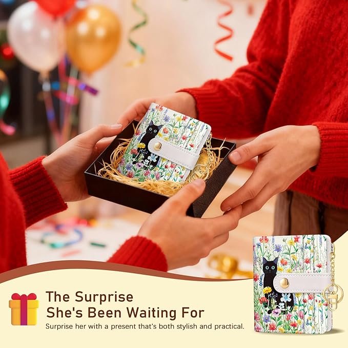 Jogjam Black Cat Flower Floral Aesthetic Rfid Women Wallet, Cute Small Slim Thin Compact Credit Card Wallet, PU Leather Bifold Cash Wallet, Zipper Coin Pocket ID Window, Girls Girly Teens Gifts