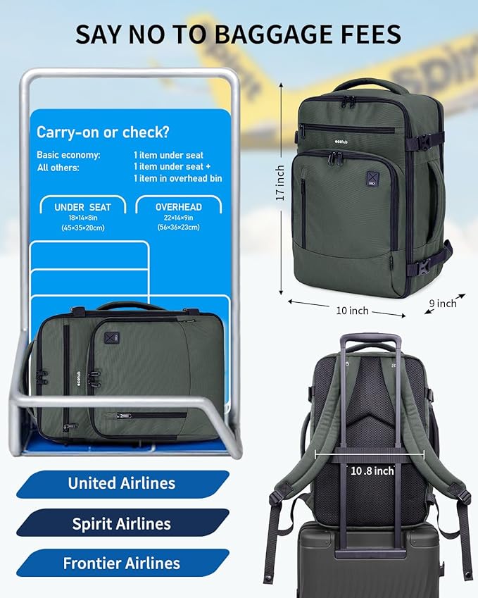 ECOHUB 17" Small Travel Backpack, United Airlines Personal Item Bag 17x10x9 with 16 Pockets, Water Resistant Rucksacks Fit 15.6" Laptop, AirTag Pocket, Lightweight Casual Daypack, 25L, Green