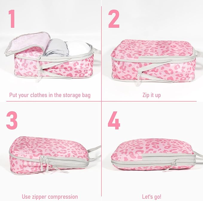 4 Set Compression Packing Cubes For Travel Bags Organizer For Luggage Suitcase Organizer, Compression Bags For Travel Accessories Luggage Storage Set (4 Pcs, Pink Leoparda)
