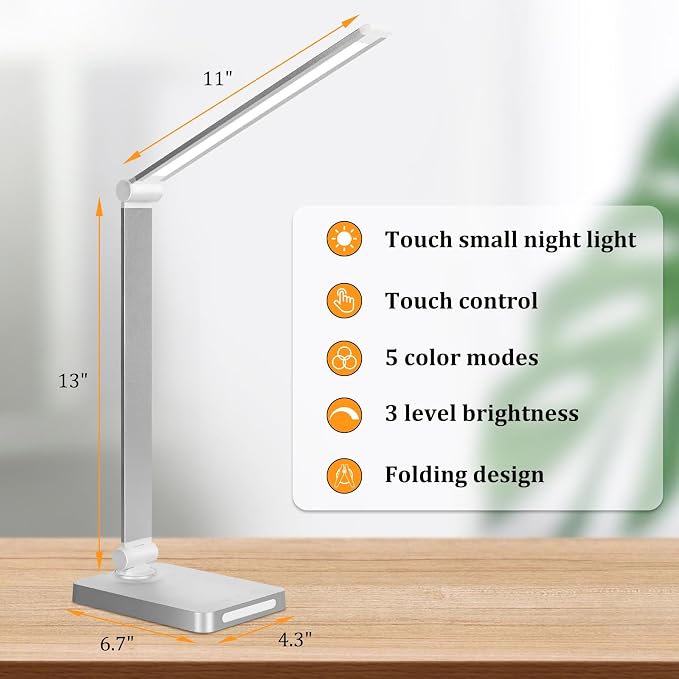 Dott Arts LED Desk Lamp with USB Ports,Touch Desk Lamps for Home Office with 5 Color Modes,3 Brightness Desk Light with Small Night Light,Reading Lamp Table LED Lamp for Bedroom Bedsid Study Sliver | 3 Brightness Desk Light with Small Night Light,Readi...