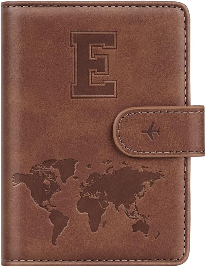Passport Holder Wallet Cover Personalized Letter A-Z Travel Wallet RFID Blocking Passport Cover Wallet Case for Travel Passport Book Holders for Women and Men, Brown-E