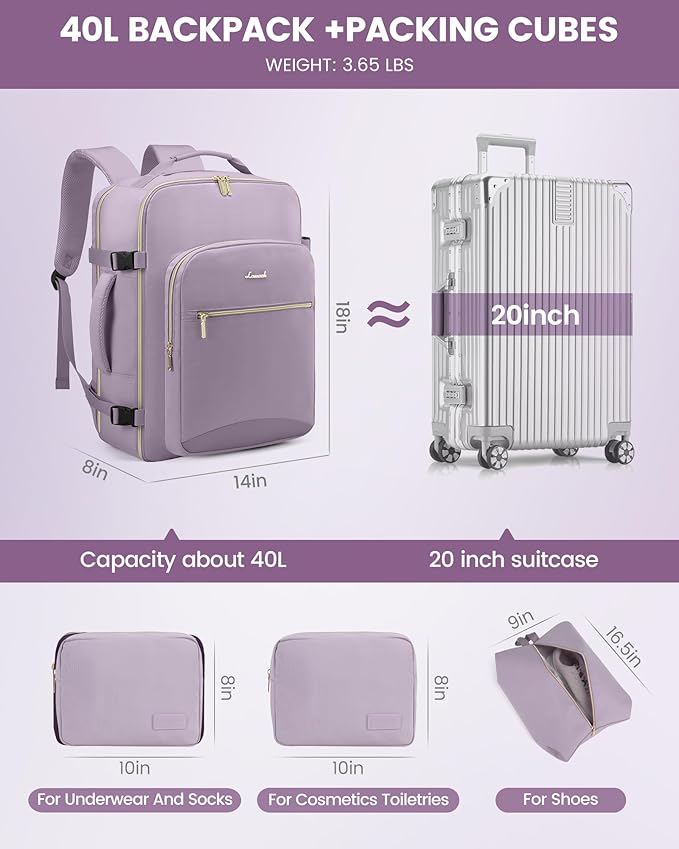LOVEVOOK Travel Backpack for Women & Men 40L,Airline Approved Carry On Backpack Travel Essentials,TSA Carry on Luggage,Waterproof Personal Item Travel Bag,Suitcase with 3 Packing Cubes,Light purple