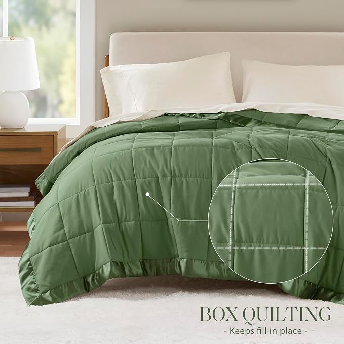 Madison Park Down Alternative Twin Size Blanket for Bed, Satin Trim, Green | Lightweight Windom Blanket Premium 3M Scotchgard Moisture Wicking Treatment, OEKO TEX, Soft Bed Cover, All Season