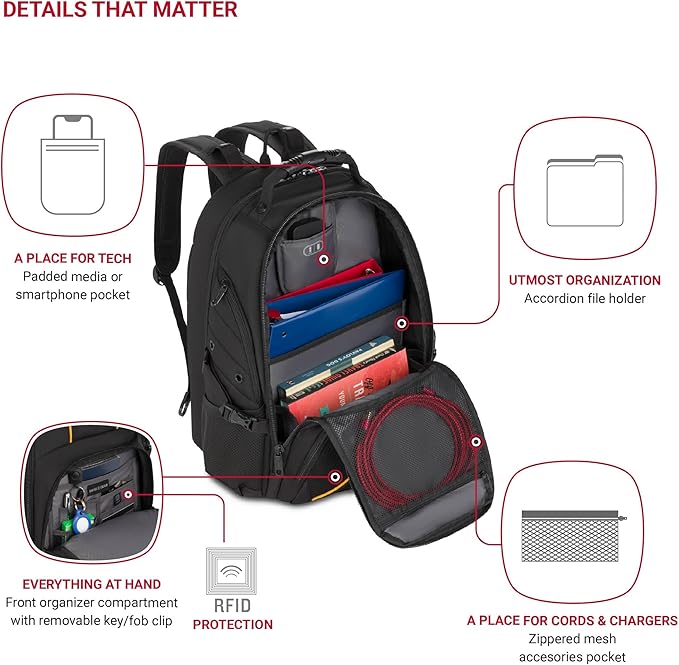 SWISSGEAR 1900 ScanSmart TSA Laptop Backpack Fits 17 Inch Laptop with RFID Protection and Tablet Pocket, Black/Gold, 19-Inch