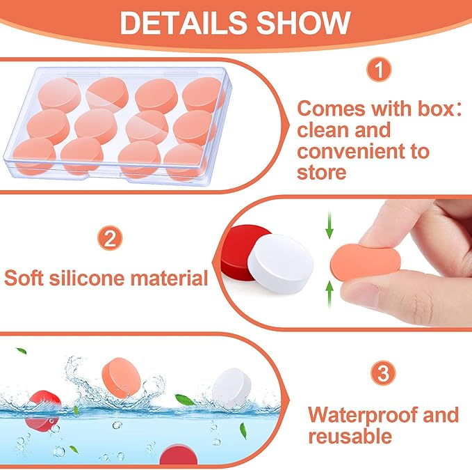 Frienda 36 Pairs Ear Plugs for Sleeping Reusable Moldable Silicone Gel Wax Earplugs Waterproof Earplugs Noise Cancelling Ear Plugs for Adults Swimming Snoring Studying(White, Red, Orange)