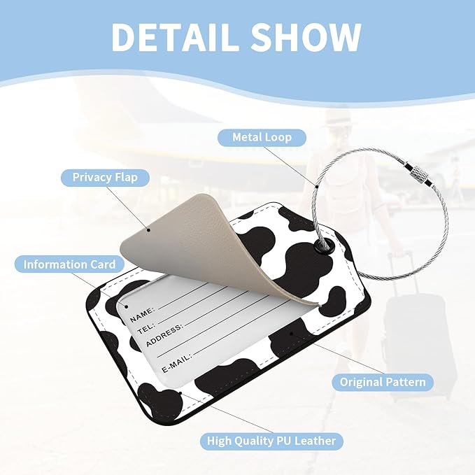 2 Pcs Luggage Tag for Suitcases, Cute Cow PU Leather Suitcase Tag Privacy Cover Name ID Label with Metal Loop, Personalized Baggage Identifier for Women Cruise Bag Travel Essentials