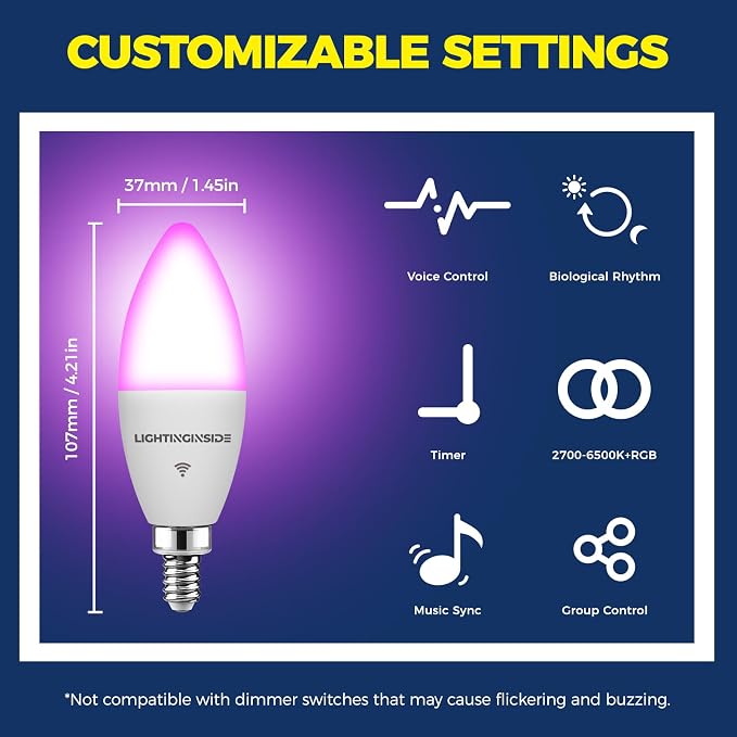 Smart E12 LED Bulbs 60W Work with Alexa/Google Home, 4PCS | No Hub Required, 500LM 6W RGBCW Candle Chandelier Smart bulb Work with SmartLife, 2.4G WiFi & BLE Candelabra Bulb, ETL Listed