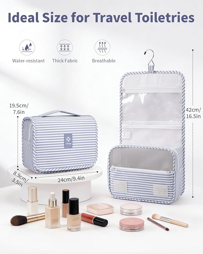 Narwey Small Hanging Toiletry Bag for Travel Women Girl, Striped Toiletries Travel Bag with Hook, Hanging Makeup Bag Organizer Make Up Cosmetic Bags (Greyish Blue Stripe)