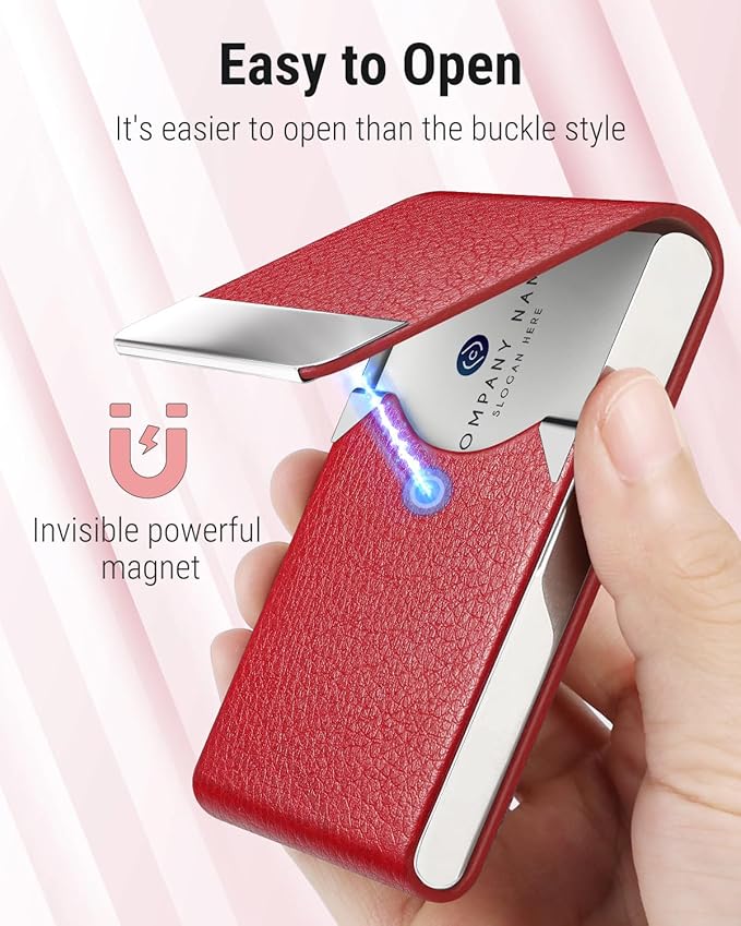 MaxGear Business Card Holder, Slim PU Leather & Stainless Steel Business Card Case for Men & Women, RFID Blocking Name Card Holder with Magnetic Closure, Red