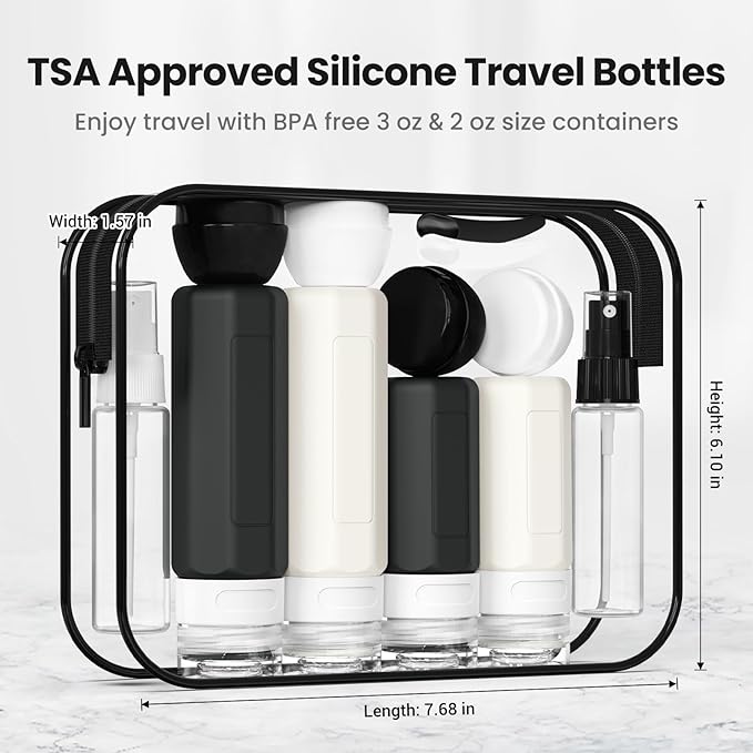 17 Pack Travel Bottles - TSA Approved Travel Size Toiletries, Leak Proof Containers for Toiletries, Silicone Squeezable Container for Shampoo, Body Wash, Lotion & Conditioner - Black