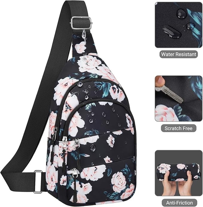 Tuwubi Crossbody Bags for Women, Sling Bag for Men, Small Hiking Backpack Anti Theft Lightweight for Outdoors Travel （M, Black Floral）
