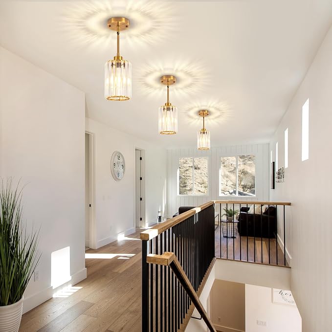 3 Pack Brushed Gold Pendant Lights Kitchen Island Crystal Mini Chandelier | Modern Kitchen Light Fixtures, Adjustable Height Hanging Pendant Lighting for Dining Room Bathroom Hallway Above Sink