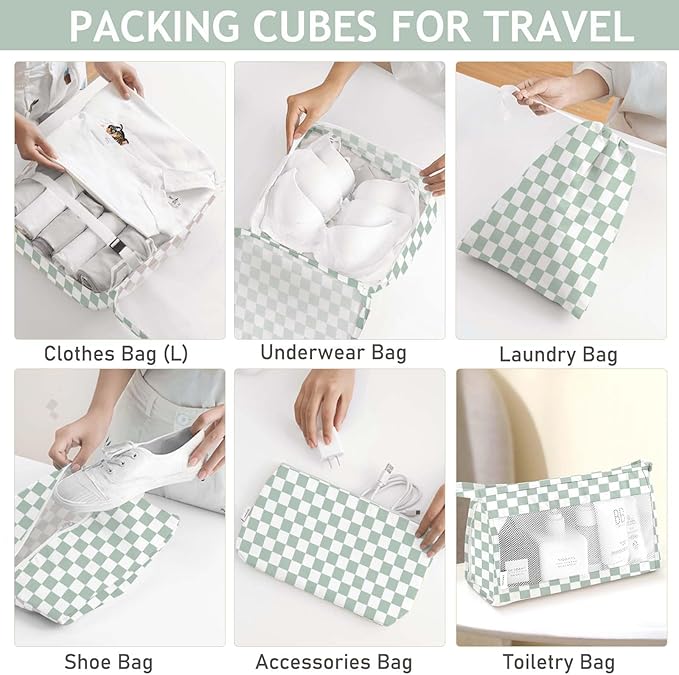 KPX 8 Set Packing Cubes for Travel, Luggage Packing Organizers Accessories Large Toiletries Bag for Clothes Shoes Cosmetics (8Set-Green Checkered)