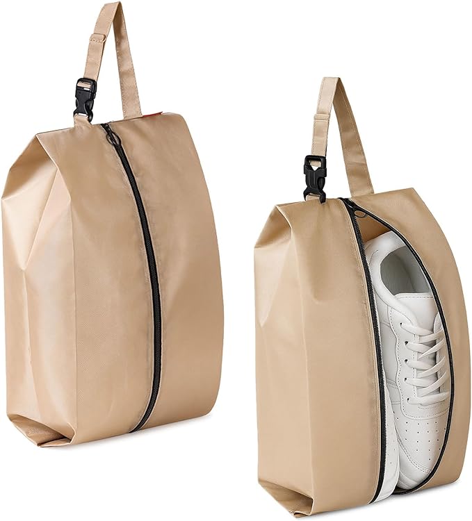 Travel Shoe Bags with Buckle Set of 2 – Clip On Shoes Pouch Organizer with Zipper, Portable Storage Bags for Packing, Gym, Sports, Golf, Soccer, Bowling, Basketball (Khaki)