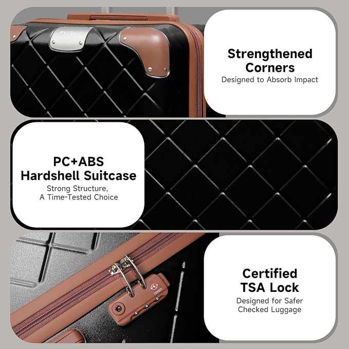Lightweight hardside luggage sets Suitcases with Spinner Wheels YKK Zipper TSA Lock, ABS+PC hardshell 4 Piece Luggage Set for Weekend Getaways & Travel Business (14/20/24/28 Black)