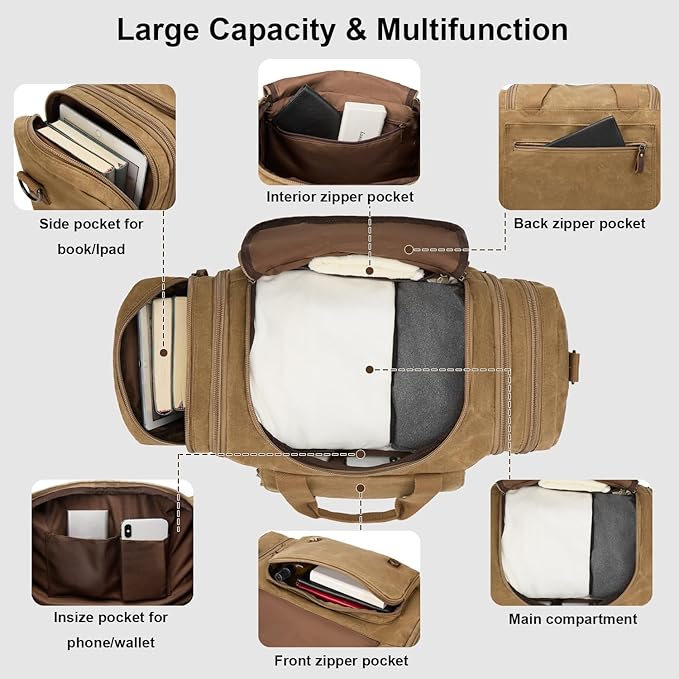 Waxed Canvas Duffel Bag 50L Waterproof Duffle Bag Travel Overnight Weekender Bag