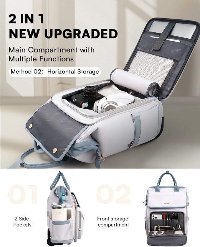 Rolling Backpack for Women, Travel Rolling Laptop Backpack with Wheels, Vertical & Horizontal Storage 2 In 1, Flip-Top Design, Water-Resistant Overnight College Underseat Carry on Luggage, Grey