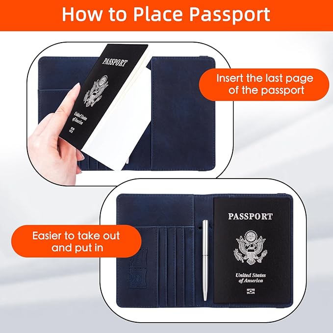 WALNEW Passport Holder for Travel, RFID Passport Cover Wallet for Women Men, PU Leather Passport Book Card Holder Case with Pen (Elastic Band Closure, A-Navy Blue)