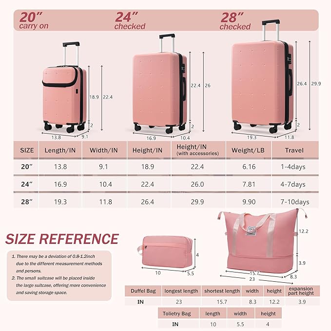Merax Luggage Sets,5 Piece Front Half-open Hardshell Expandable Suitcase Set with Spinner Wheels and Duffel Bags,Lightweight Carry on Luggage with USB Port,20/24/28IN,Light Pink-1