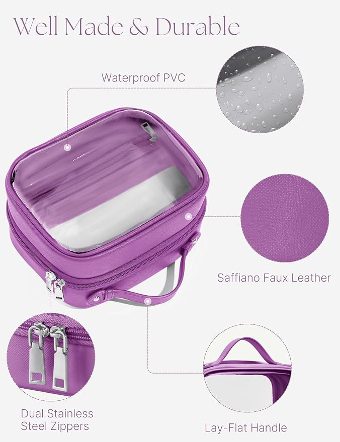 Clear Cosmetic Bag Double Layer Travel Toiletry Bag Clear Makeup Bag Case with 4 Compartments, Transparent Travel Bag for Toiletries, Large Toiletry Bag for Women Cosmetic Case (Purple, Small)