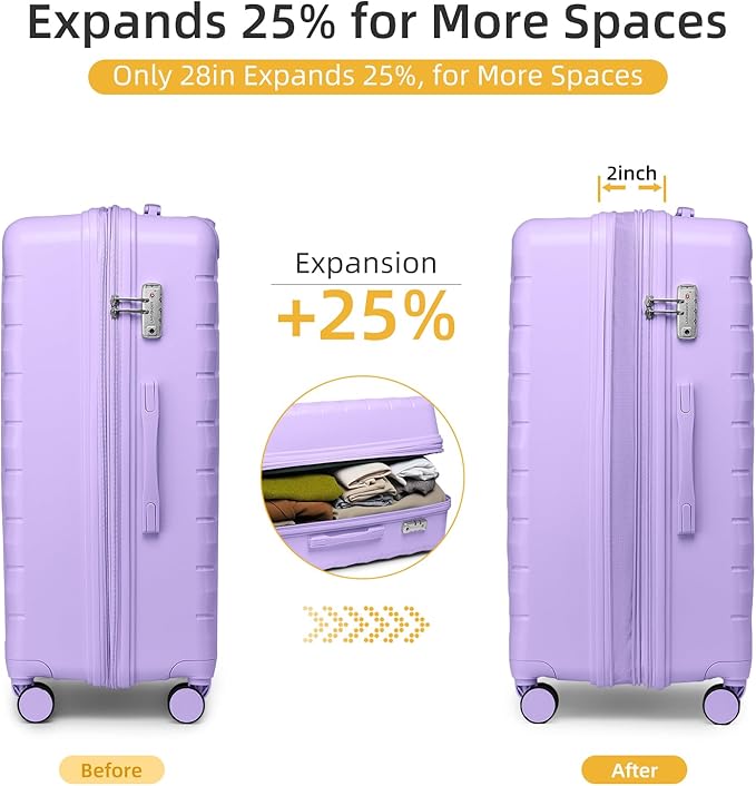 LARVENDER Luggage Sets 5 Piece with Duffel Bag Expandable(Only 28 inch) Hardside PP Carry On Luggage with 360° Spinner Wheels TSA Lock Luggage Sets for Women, Lavender