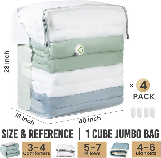 TAILI Vacuum Storage Bags 4 Pack, Extra Large Cube (40x28x18x18 Inch), Supe Jumbo Vacuum Seal Bags for Bedding Comforter, Blanket, Closet Space Saving, Cream