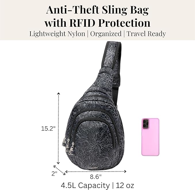 Baggallini Securtex® Anti-Theft Multi Zip Sling - Lightweight 8.6"x15.2" Travel Bag with Locking Zippers & RFID Protection
