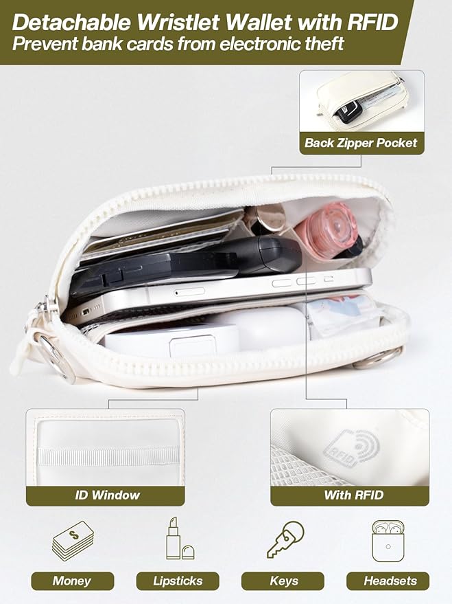 Tiostep Clip and Go Strap for Phone with Wallet Crossbody Phone Lanyard Adjustable and Detachable RFID Wristlet Wallet with ID Window and Zipper, Cream(L)