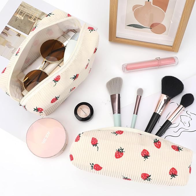 EIMMBD Makeup Bag 3 Pieces Large Capacity Cosmetic Bags Travel Toiletry Bag Organizer Cute Makeup Bag Storage for Women(Beige Strawberry)