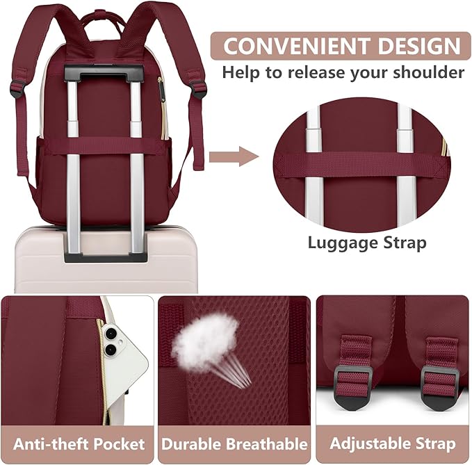 Laptop Backpack for Women Work Bag - 15.6 inch Travel Backpack Purse with USB Charger College Bookbag Waterproof Cute Casual Daypack Business Computer Backpacks for Teacher Nurse Beige Wine Red